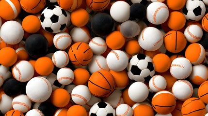 Assortment of diverse sporting balls packed closely together filling the frame