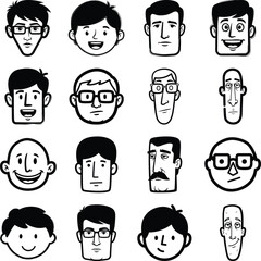 A collection of diverse male character faces and heads featuring various expressions in line art style