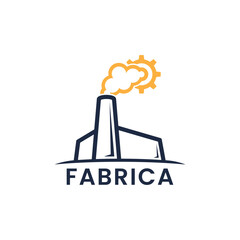 Naklejka premium Stylized factory logo with a chimney, smoke cloud, and cogwheel. This industrial vector graphic is a symbol of manufacturing and production. 90.eps