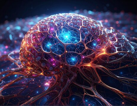 Futuristic digital artwork showcasing a glowing, intricate brain