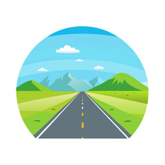 Straight empty road through the countryside on city background. Green hills, blue sky, meadow. Summer landscape vector illustration.