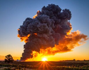 Dramatic plume of smoke erupts at sunrise, casting a fiery glow