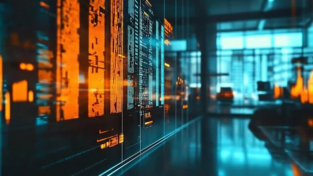 A cinematic futuristic office with a glowing holographic data wall displaying animated charts and analytics. Bright orange and cyan light streams flow through the interface as data bars rise and fall 