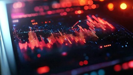A cinematic macro shot of a futuristic digital dashboard glowing in red and blue neon tones. Data lines and bar graphs come alive, moving rhythmically like waves of energy. - Powered by Adobe