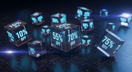 Floating transparent cubes displaying various percentage discounts like 10, 55, 70, and 75 off, symbolizing cyber monday sales and special offers