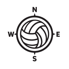Black and white volleyball compass icon with cardinal directions sport game