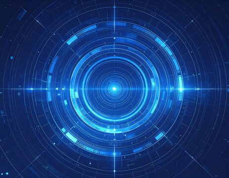 Futuristic digital blue concentric circles and light flares