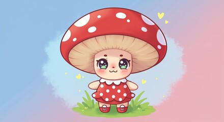 Whimsical Mushroom Character: An adorable illustrated mushroom character with big, expressive eyes and a charming smile, radiating cuteness and playfulness.