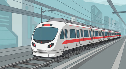Fototapeta premium High-Speed Train Journey in Modern Cityscape: A sleek, modern train streaks along elevated tracks, gliding through the heart of a futuristic cityscape.