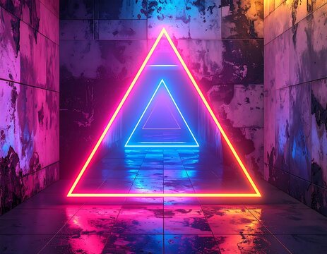 Glowing neon triangles within a rustic-textured, industrial tunnel