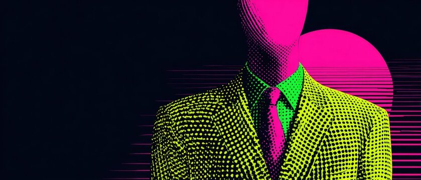 Vibrant Pop Art Neon Silhouette of Faceless Business Figure in Suit with Pink and Green Accents