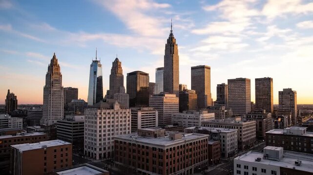 Urban cityscape timelapse transitioning from pre-dawn darkness to bright morning light over architectural structures development, travel, highrise