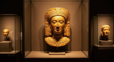 Ancient Artifacts Exhibition: A captivating exhibit showcases ancient artifacts, with a stunning, intricately carved sculpture taking center stage, illuminated within a glass display case.