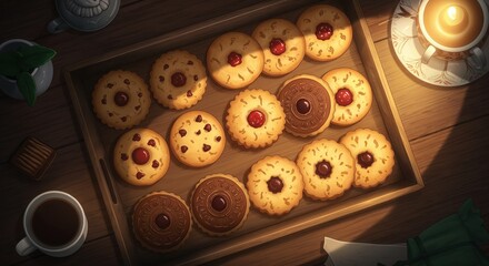 Obraz premium Sweet Treat Array: An overhead shot captures a tray laden with an array of delicately arranged cookies and a cup of aromatic tea, inviting indulgence.