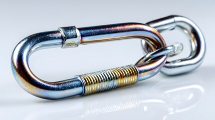Metal fastening hardware featuring a spring-loaded clip connected to a linked ring component