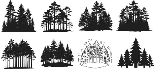 Black pine forest silhouettes vector illustration set, diverse woodland scenes, conifer tree outlines, natural landscape artwork, decorative nature collection, seasonal foliage design elements