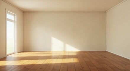 Obraz premium A Sunlit Room: Light streams through a window, illuminating an empty room with wooden floors, creating a sense of spaciousness and inviting warmth.