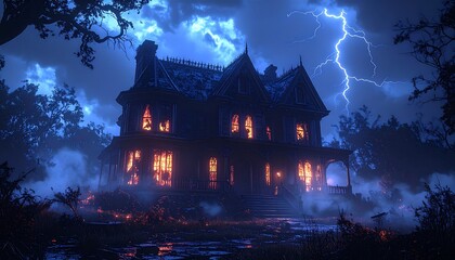 Obraz premium Panoramic shot of a haunted Victorian mansion at night broken windows flickering light
