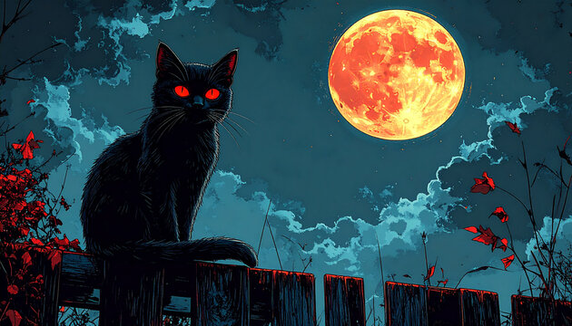 Panoramic comic horror artwork of a black cat with glowing red eyes sitting on a fence