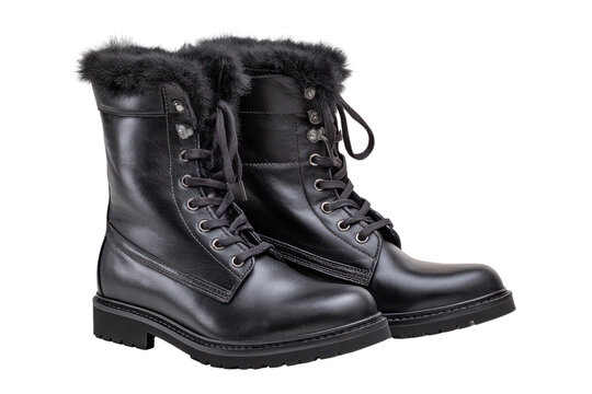Black leather fur lined lace up winter boots on black background footwear, Png, Isolated on Transparent Background, Cut Out