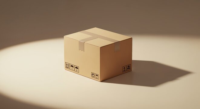 Cardboard Box Under Spotlight: A simple yet elegant cardboard box sits under the soft glow of a spotlight, its texture and form emphasized.