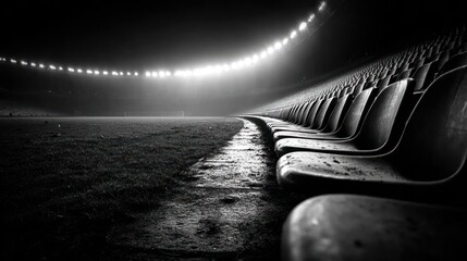 Dramatic Black and White Shot of Empty Stadium Seats Illuminated by Overhead Lights