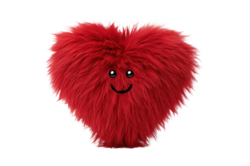 Fluffy red heart shaped toy with smiling face on black background plush, Png, Isolated on Transparent Background, Cut Out