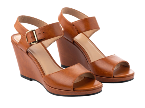 Brown leather wedge heel sandals feature open toe and ankle strap, perfect for summer outfits, stylish and comfortable for daily wear.