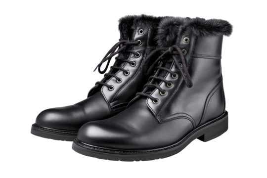Black leather lace up combat boots with fur trim on black background footwear shoes, Png, Isolated on Transparent Background, Cut Out - Powered by Adobe
