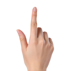  Woman's Index Finger Pointing and Touching Virtual Screen Isolated on White Background