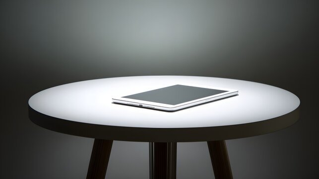 Flat digital slate rests upon a circular table illuminated by focused light against a dark background