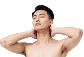 Asian Man Relieving Neck Pain with Self Massage on White Background