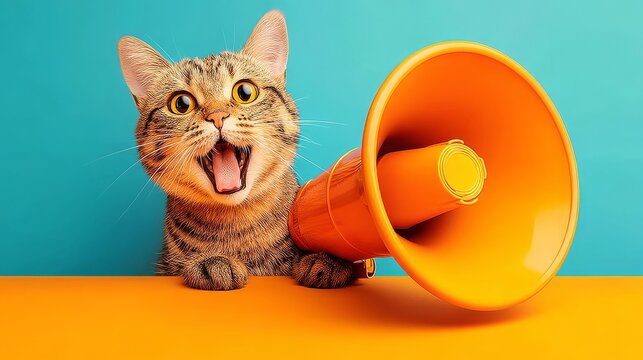 Tabby Cat Announcing News with Orange Megaphone on Turquoise Background Studio Shot Animal Communication