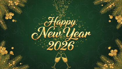 Golden script Happy New Year 2026 celebration banner with festive decorations.