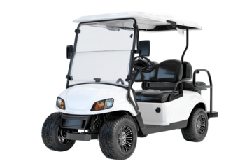 White Golf Cart Isolated on Transparent Background Under Bright Studio Lighting Automotive Transportation Vehicle Golfing Equipment With Black Wheels, PNG