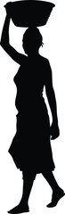 Silhouette of Woman Carrying Basket on Head While Walking Barefoot Isolated on White © Kafi