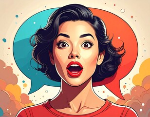 Digitally-rendered woman expressing surprise, with speech bubbles