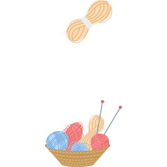 Creative Assortment Of Colorful Yarn Balls And Knitting Needles Organized In A Woven Basket With A Loose Skein Above On A White Background Detailed Illustration