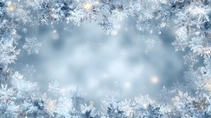 Ornate frosty border created with intricate ice crystals frames a soft blue winter background
