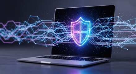 Laptop displaying a glowing shield with network connections emanating from the screen in a dark setting