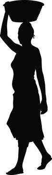 Silhouette of Woman Carrying Basket on Head While Walking Barefoot Isolated on White
