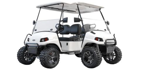 White Golf Cart Isolated on Transparent Background Showing Front Angle with Knobby All Terrain Tires and Dark Gray Seats Under Natural Lighting Conditions, PNG