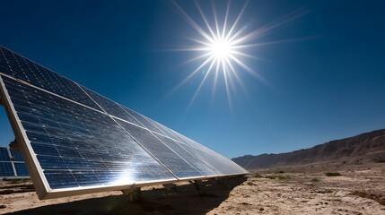 Ground mounted photovoltaic panels capture intense sunlight in a arid, open environment