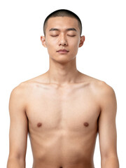 Fototapeta premium Young Asian Man Meditating with Eyes Closed, Isolated on White