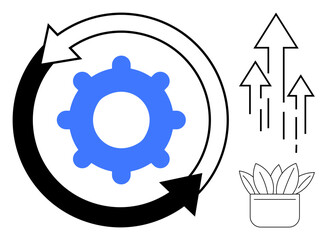 Blue gear within circular arrows paired with upward arrows and plant, representing progress, growth, innovation. Ideal for teamwork, success, development, process improvement, strategy