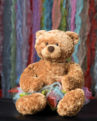 Teddy Bear Wearing Colorful Tutu on Multicolored Striped Background