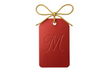 Red gift tag with embossed monogram m and golden rope bow, creating a personalized holiday or celebration label