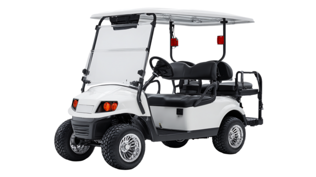 White Golf Cart with Black Seats on Transparent Background with Red Reflectors and Black Rims, PNG