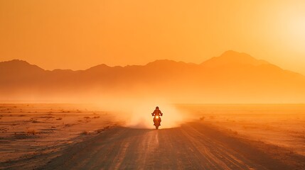 Lone Motorcyclist Riding on a Dusty Desert Road Towards Mountains at Sunset