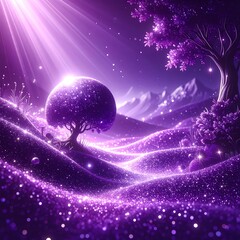 Glowing purple landscape with whimsical trees and sparkling details under sunlight